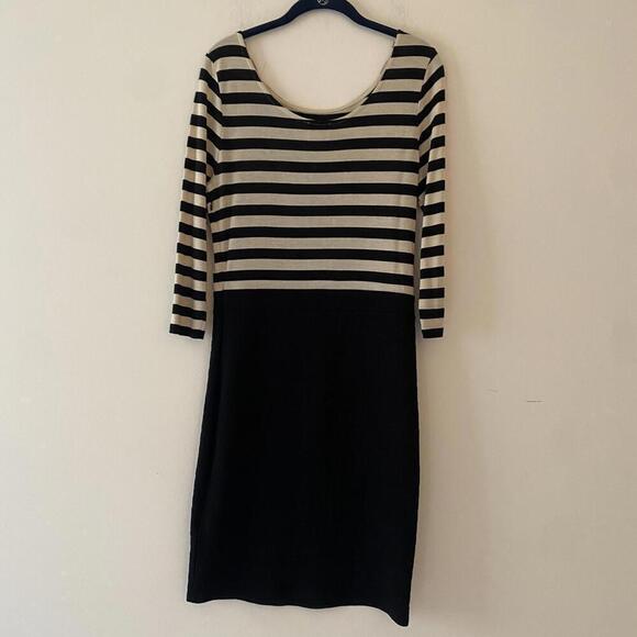 REISS black and cream stripe 3/4 sleeve knee length dress - Picture 3 of 5
